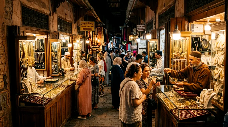 Gold souk narrow alleyway crowded with vendor stalls and shoppers.