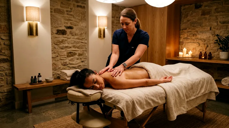 Spa treatment room with therapist performing massage on client.