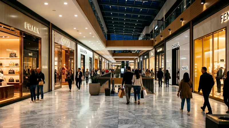 Yas Mall luxury brand storefronts with shoppers on polished interior promenade.