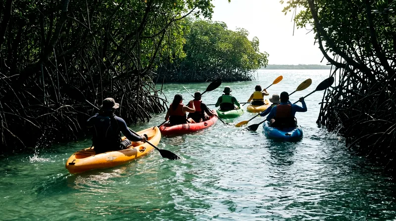 Group of four kayakers paddling into mangrove channel together