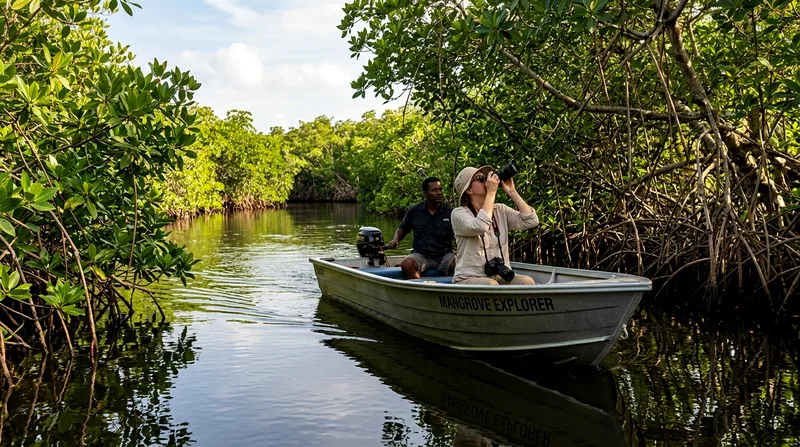 Passenger in electric boat gliding past mangrove trees silently