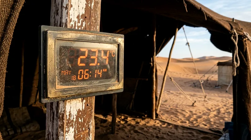 Temperature gauge and sand thermometer in morning desert sunlight