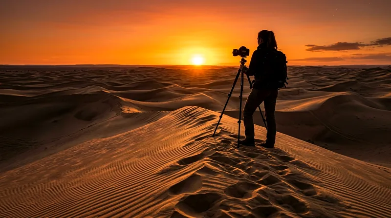 Photographer with tripod positioned on dune ridge at sunset