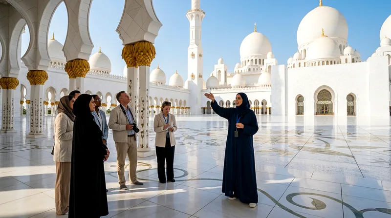 Tour guide addressing group of visitors in mosque courtyard near entrance