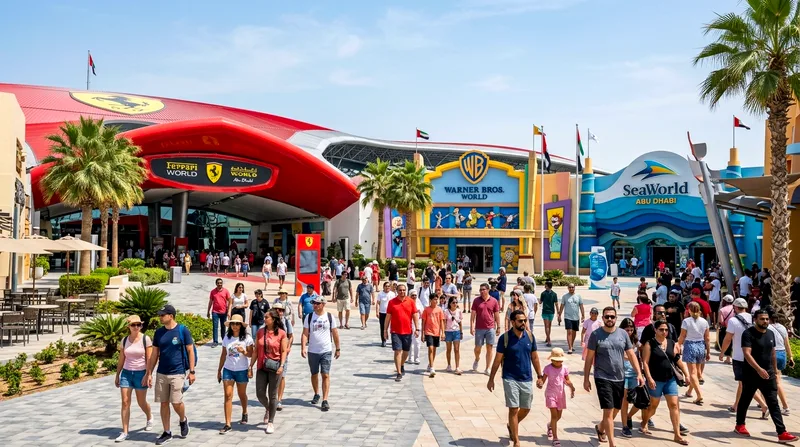 Yas Island entertainment district with theme park entrances and crowds.