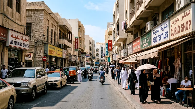 Downtown Abu Dhabi street grid with older low-rise buildings and shoppers.