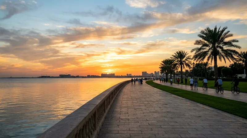 Corniche promenade at sunset with walkers and cyclists along waterfront.