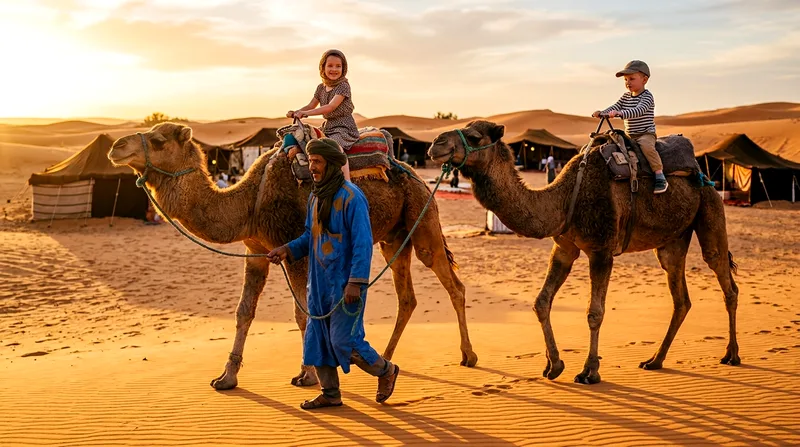 Young children riding camels with guide at desert camp sunset