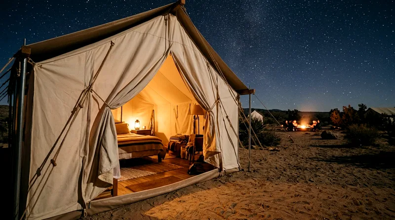 Glamping tent exterior with fabric door under starry night sky