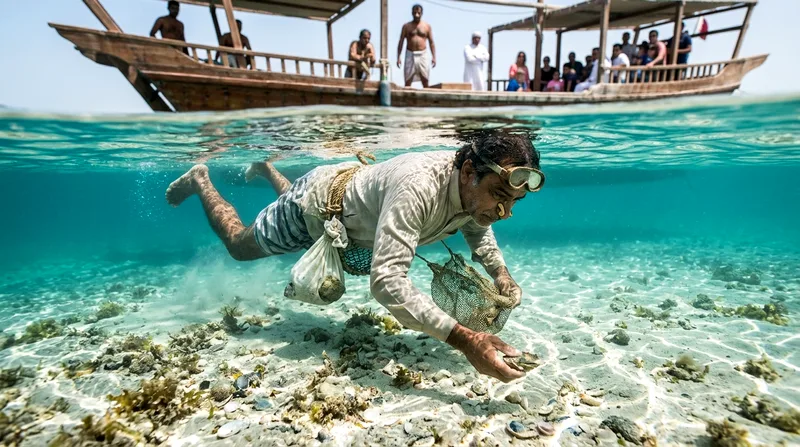 Traditional freediver with wax ear plugs demonstrating shallow-water pearl diving technique