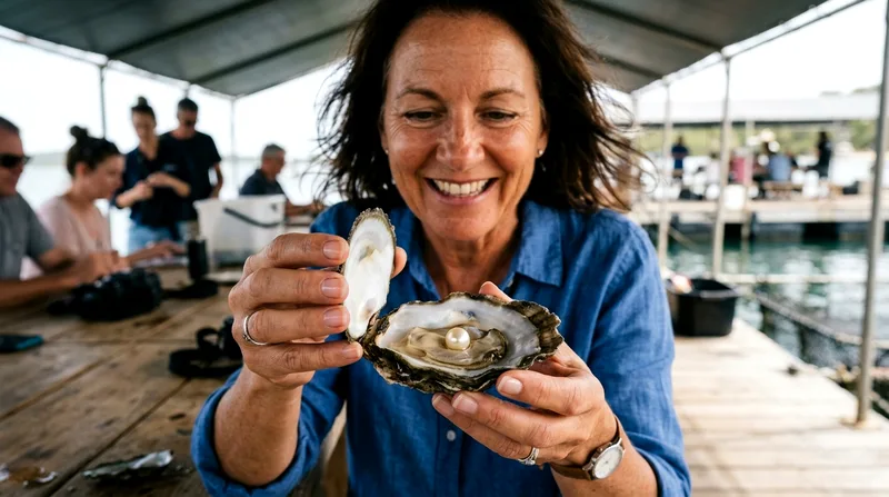 Passenger holding opened oyster shell displaying cultured pearl inside the shell