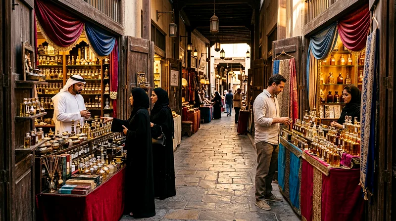 Bustling Souk Qaryat Al Beri fragrance vendors and shoppers at dusk