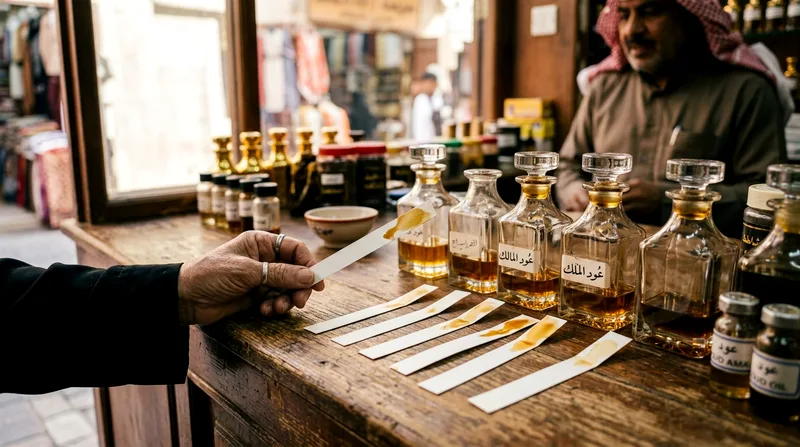 Oud tester strips and bottles on merchant counter during consultation