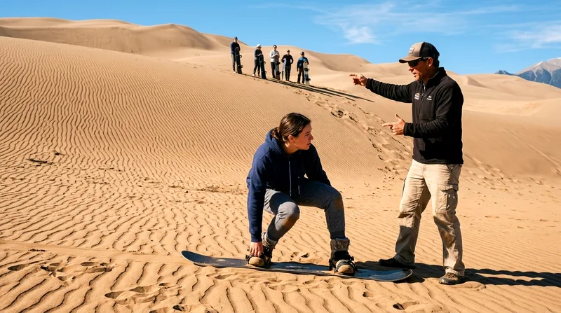 Sandboarding instructor teaching beginner at practice dune base