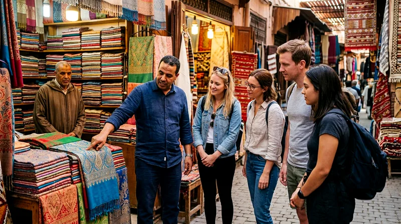Guide gesturing and explaining at a souk stall to group of four tourists
