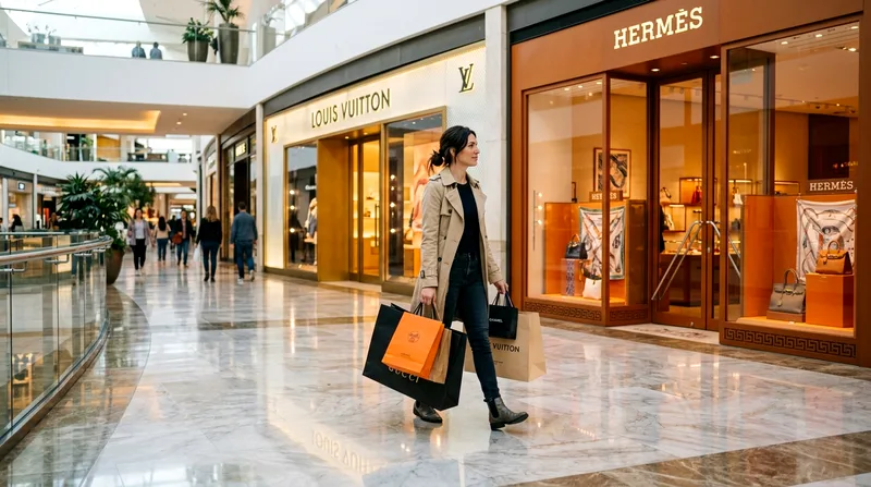 Shopper with bags walking past luxury brand storefronts in modern mall