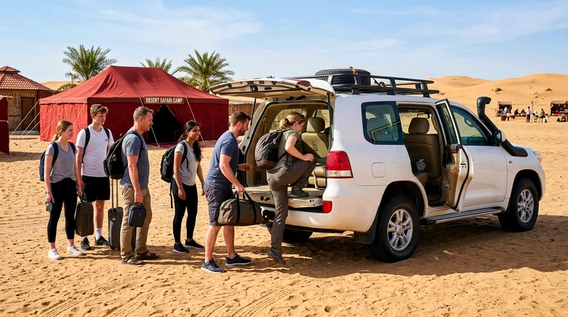 Mixed group of solo travelers and couples boarding a shared desert safari 4x4