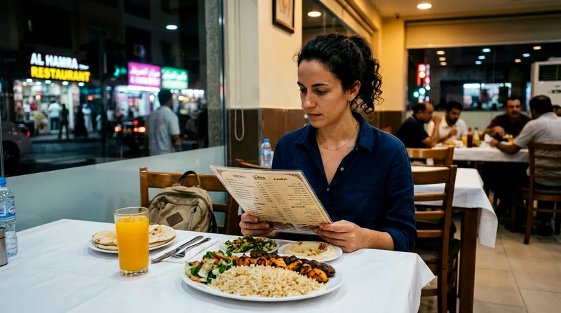 Solo diner eating dinner alone at small Hamdan Street restaurant table