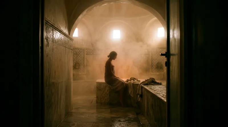 Client on marble bench in traditional hammam steam room during heat exposure