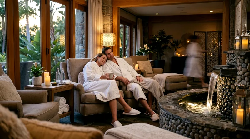Couple relaxing in soft chairs in spa lounge by water feature