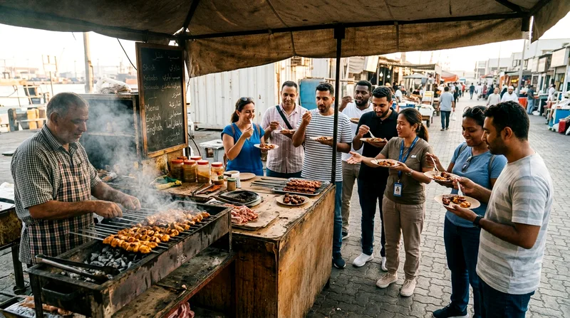 Group of eight food tour participants tasting grilled meat at vendor stall