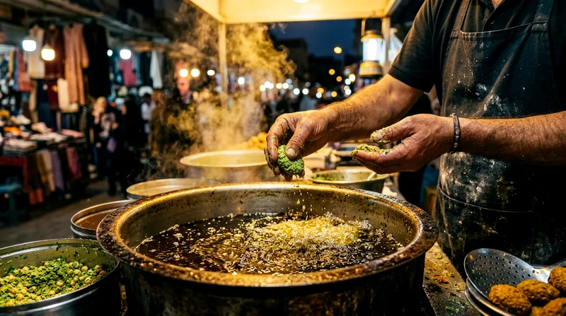 Vendor's hands preparing fresh falafel at evening street market