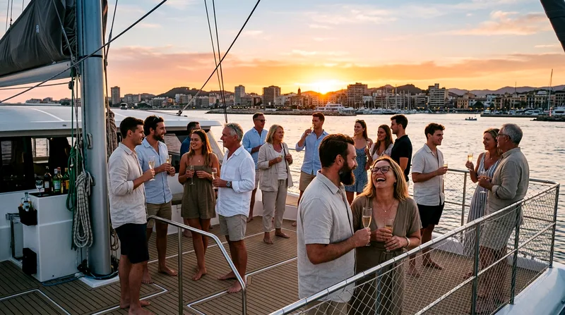 Mixed tourists on catamaran deck at sunset with champagne