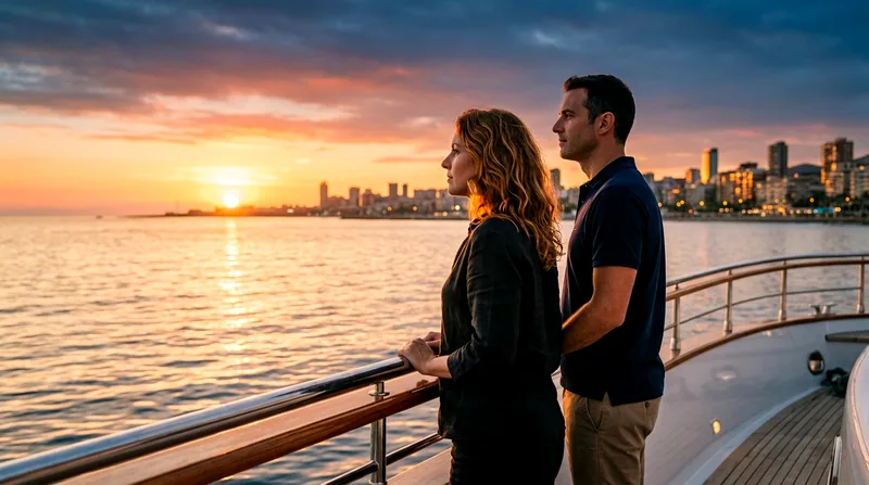 Couple on private yacht at sunset overlooking shore