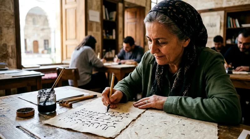 Calligraphy workshop participant practicing Arabic script using ink and traditional reed pen