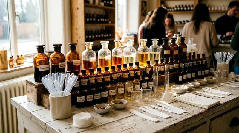 Oud and perfume bottles arranged on workshop counter for blending session