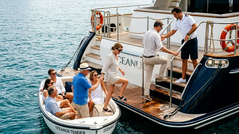 Guests boarding private yacht via tender boat