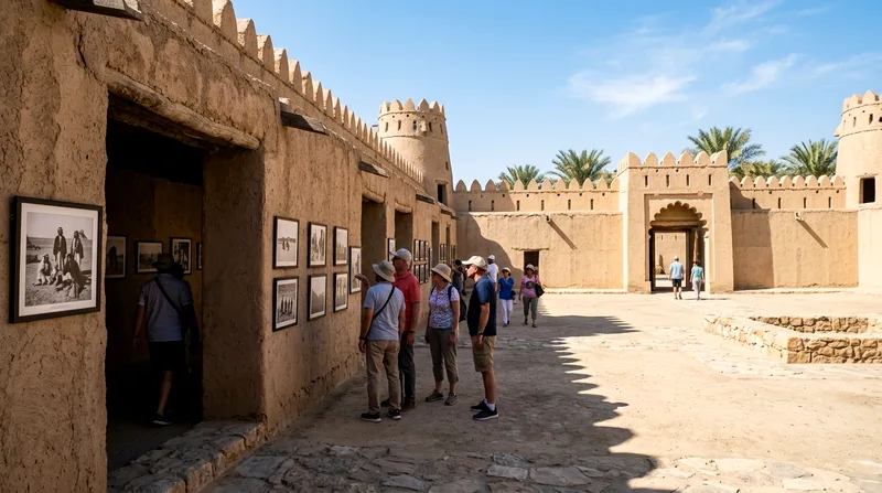 Al Jahili Fort interior courtyard with Thesiger exhibition visitors