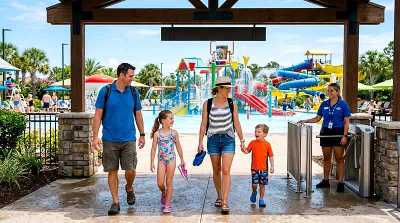 Family entering Yas Waterworld park with visible entrance logo