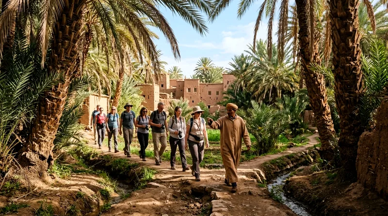 Tour group walking through date palms with guide in Al Ain