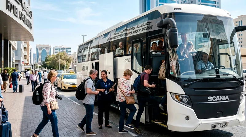Coach tour group boarding a departing tour bus in Abu Dhabi city center