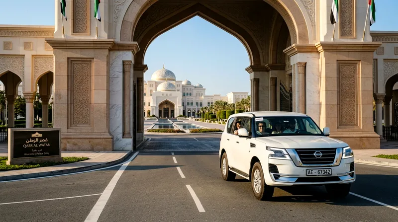 Self-drive rental car turning into Qasr Al Watan palace gate upon arrival