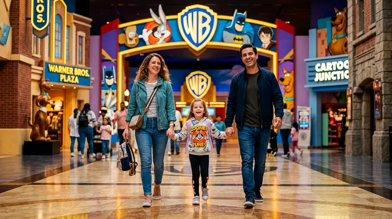 Family with young child exiting Warner Bros World attraction smiling hand-in-hand