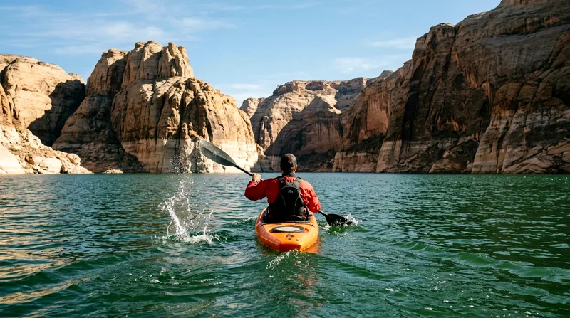 Kayaker paddling across Hatta Dam toward distant cliffs