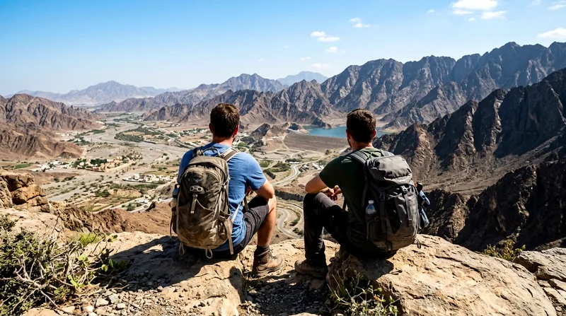 Hikers resting at viewpoint overlooking Hatta valley at midday