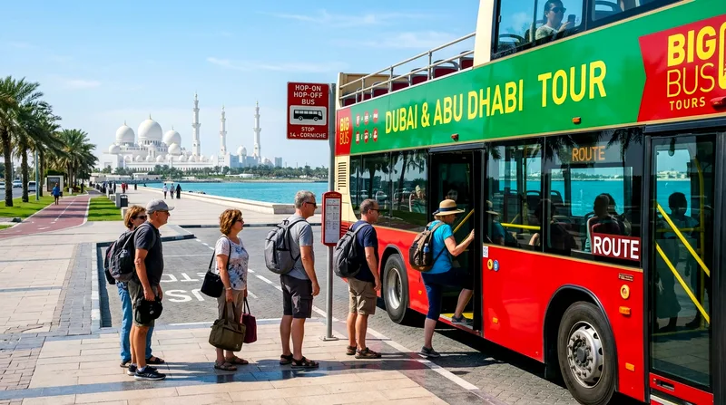 Tourists boarding a red double-decker hop-on hop-off bus at Corniche stop