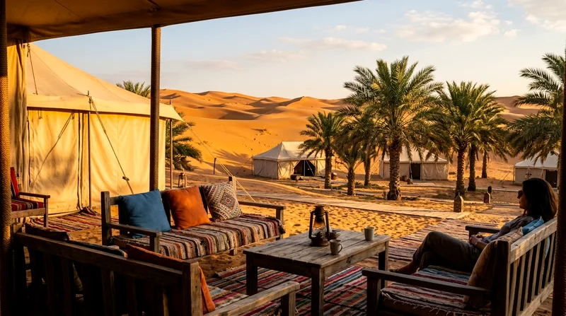 Luxury desert camp at Liwa oasis with tents and palm trees