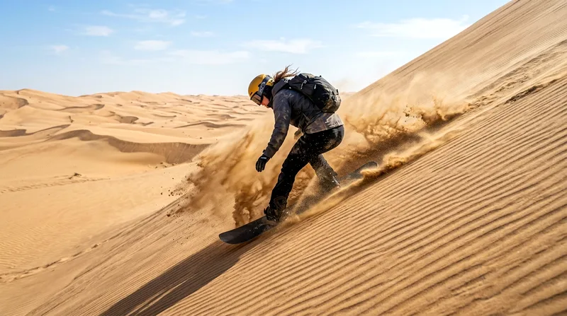 Adventurer sandboarding down steep Liwa dune face at speed