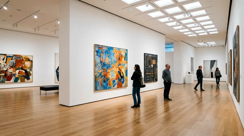 Museum interior gallery with artwork on walls and visitors viewing exhibits.
