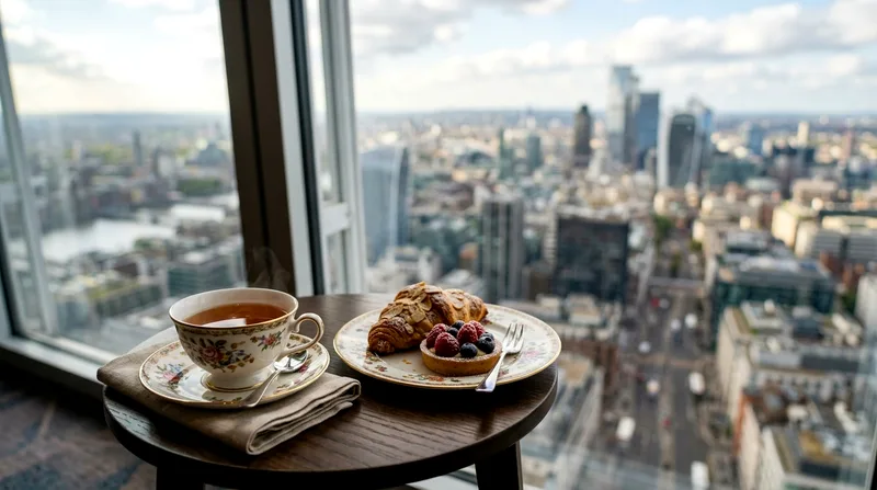 Afternoon tea service on observation deck with pastries and city view backdrop.