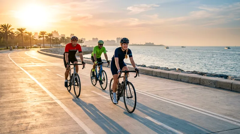 Cyclists on Abu Dhabi Corniche path at sunset with water behind