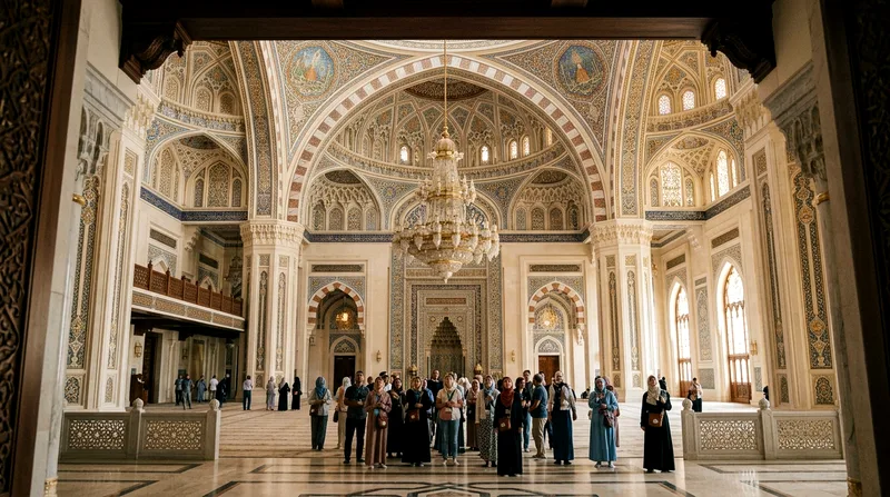 Palace interior hall with soaring ceiling and traditional Emirati architecture.