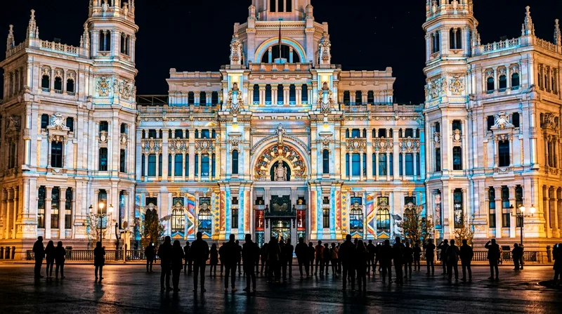 Qasr Al Watan exterior illuminated by evening light show projection.