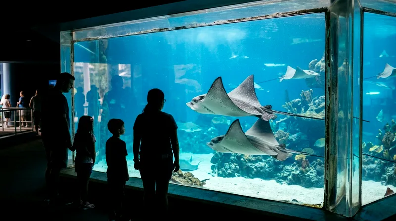 Visitors observing rays through large acrylic panel gliding past