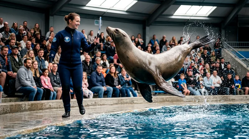 Sea lion trainer and animal during training demonstration pool show