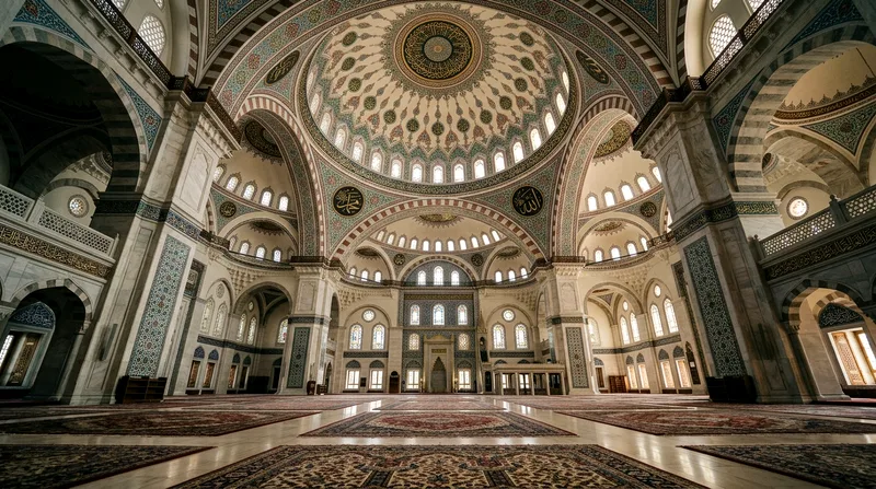 Visitor prayer hall with ornate hand-painted dome and carpet details.